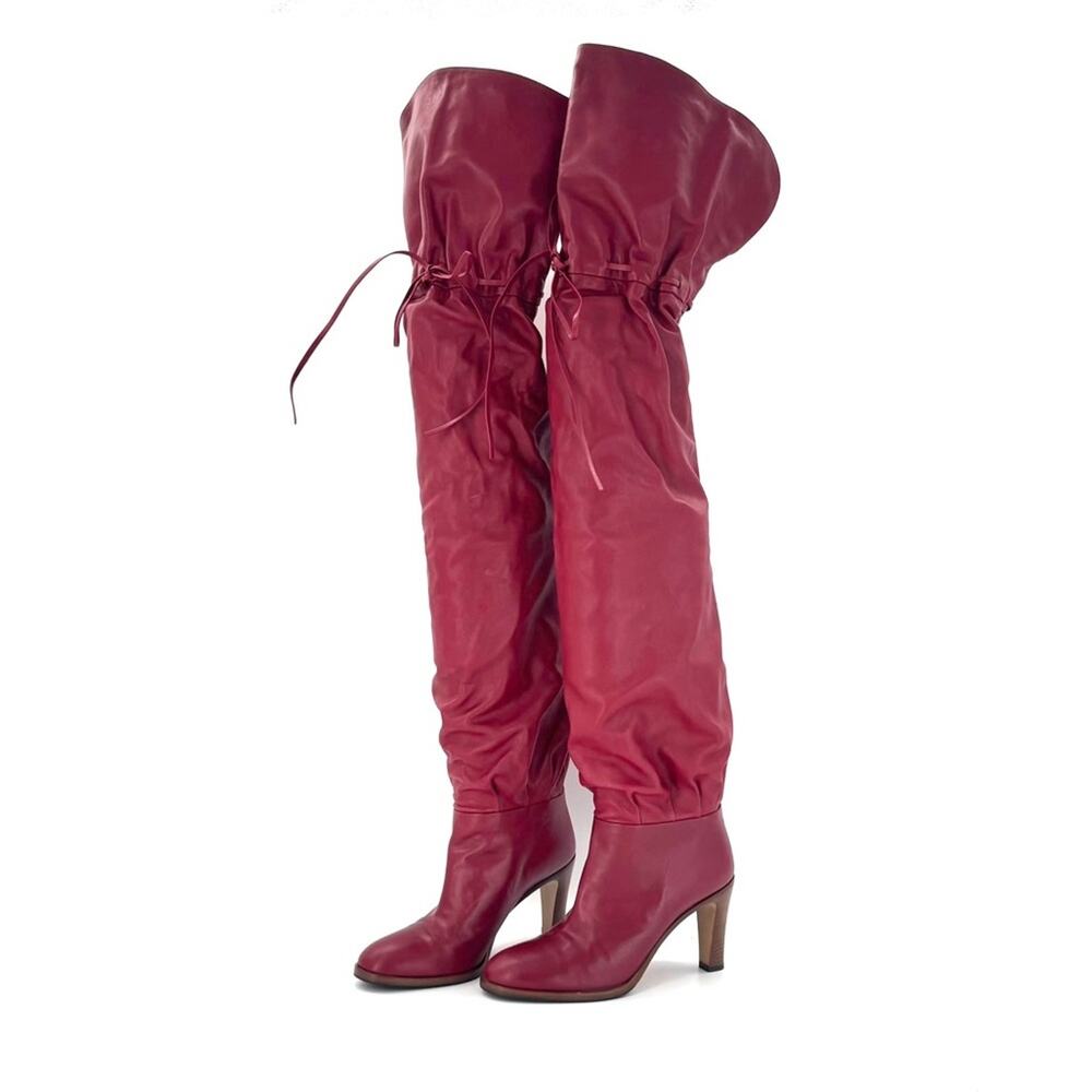 Gucci Thigh High Red Leather Slouch Drawstring Pull On Boots 37